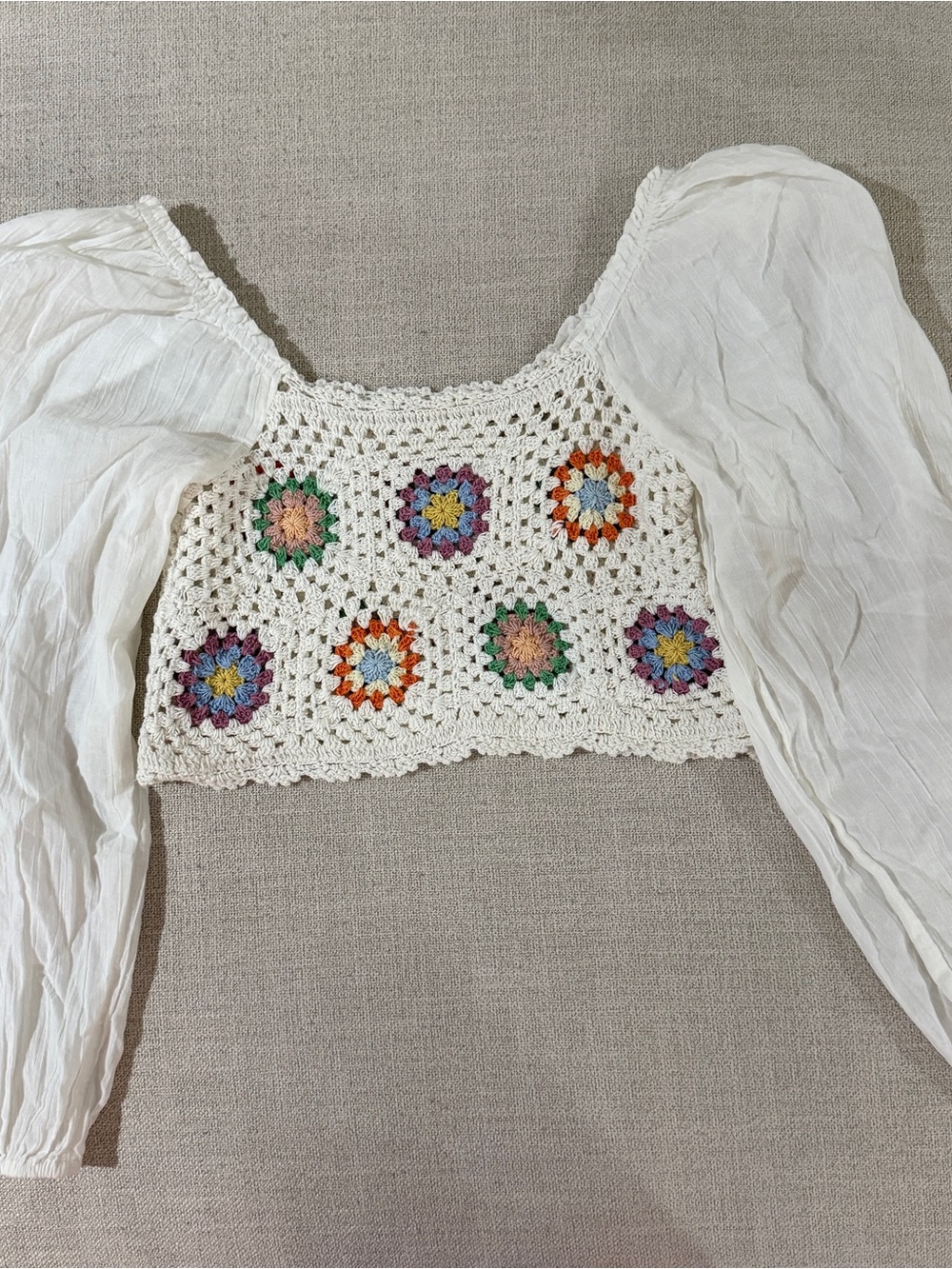 Aerie Boho Crochet Floral Puff-Sleeve Crop Top - White